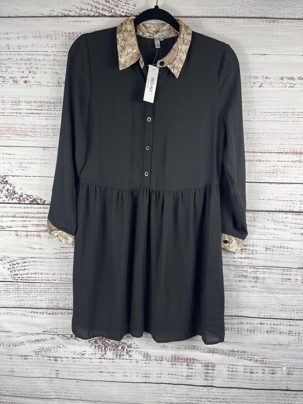 WD NY Dress Women's Small Black Snakeskin Collar Cuff Long Sleeve Button Up Boho